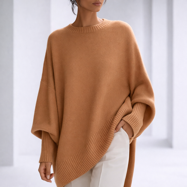 Lichtgewicht Cashmere Dames Sweater met Asymmetrische Zoom en Geribde Boorden