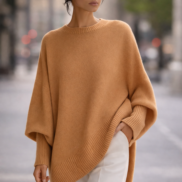Lichtgewicht Cashmere Dames Sweater met Asymmetrische Zoom en Geribde Boorden