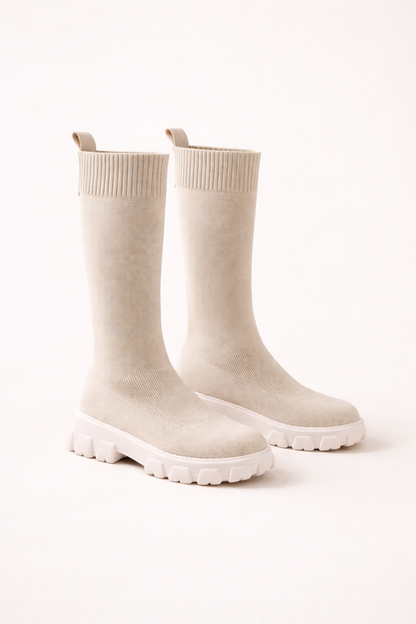 Trendy Vrouwen Knielaarzen met Gebreide Schacht en Chunky Zool