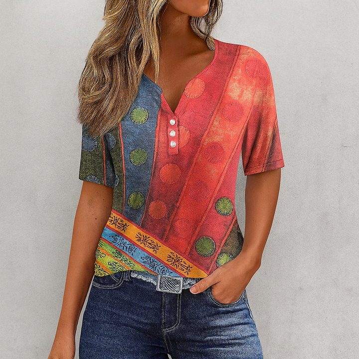 Top Décontracté Confortable Femme Avec Col V Et Détail Boutonné