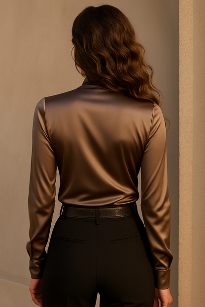 Ruth | Luxueuze Bruine Satijnen Blouse met Vetersluiting en Tailored Fit