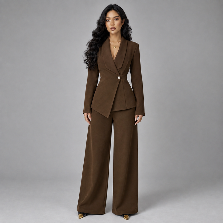Tailored women's suit set with a wrap blazer and wide-leg trousers