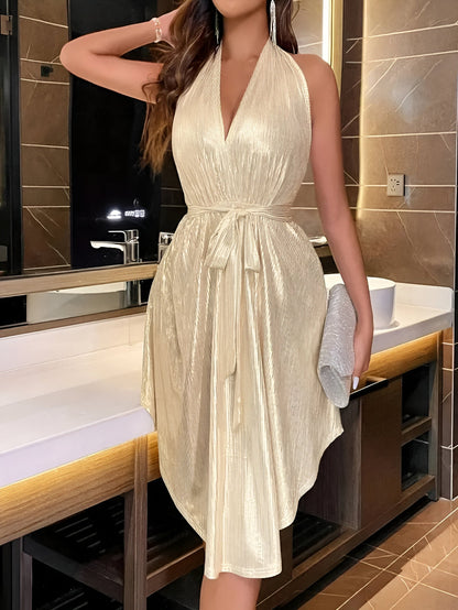 Elegante Beige Dames Cocktail Mini Jurk met Halternek en Strikdetail