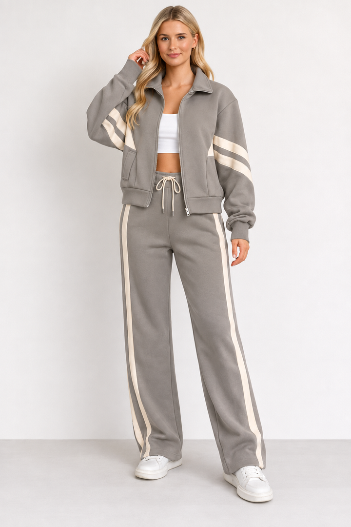 Comfortabel Tweedelig Joggingpak voor Dames met Ritsjack en Wijde Broek – Grijs