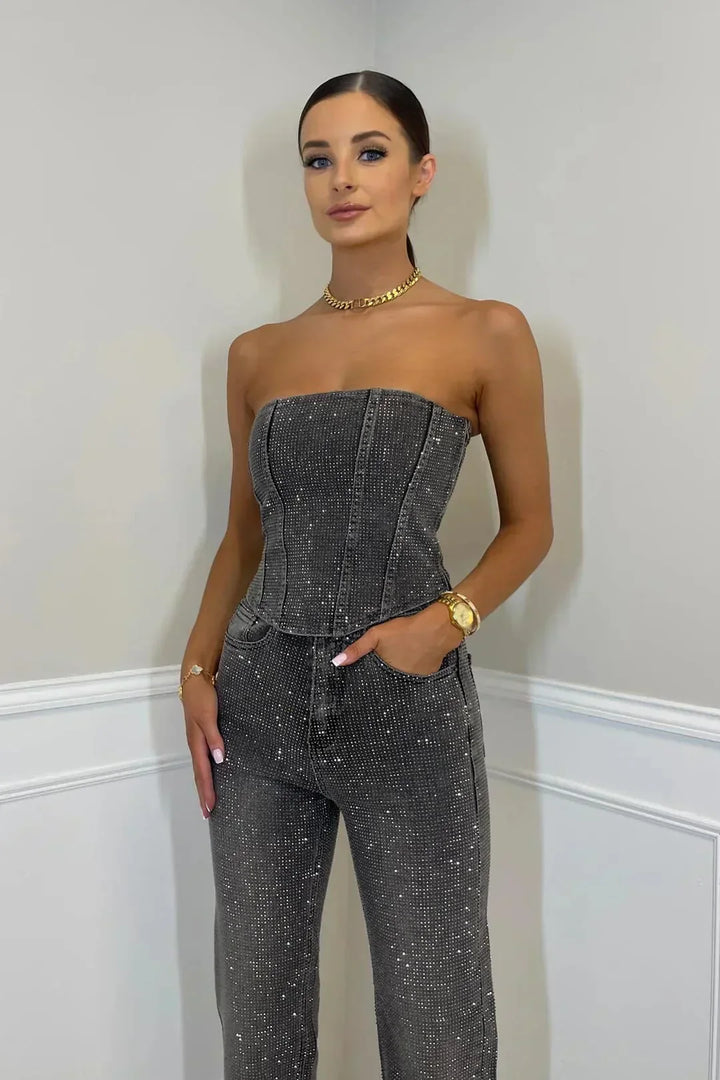Elegante Strapless Pailletten Jumpsuit met Rechte Pijpen voor Dames