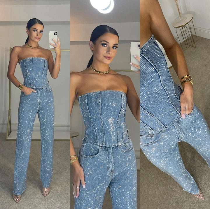 Elegante Strapless Pailletten Jumpsuit met Rechte Pijpen voor Dames