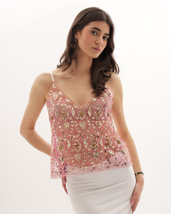 Elegant Pink Women's Sequin Top with Spaghetti Straps