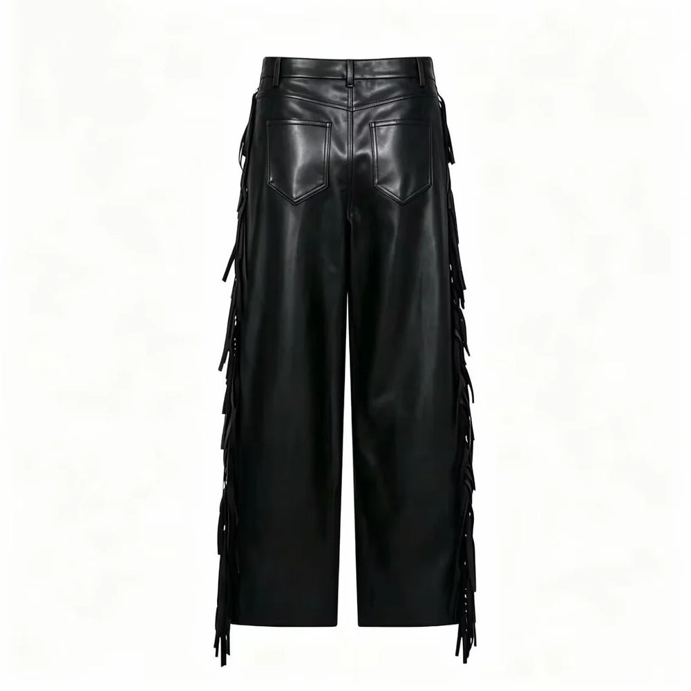 Wijde Kunstleren Broek met Zijfranjes en Hoge Taille voor Dames