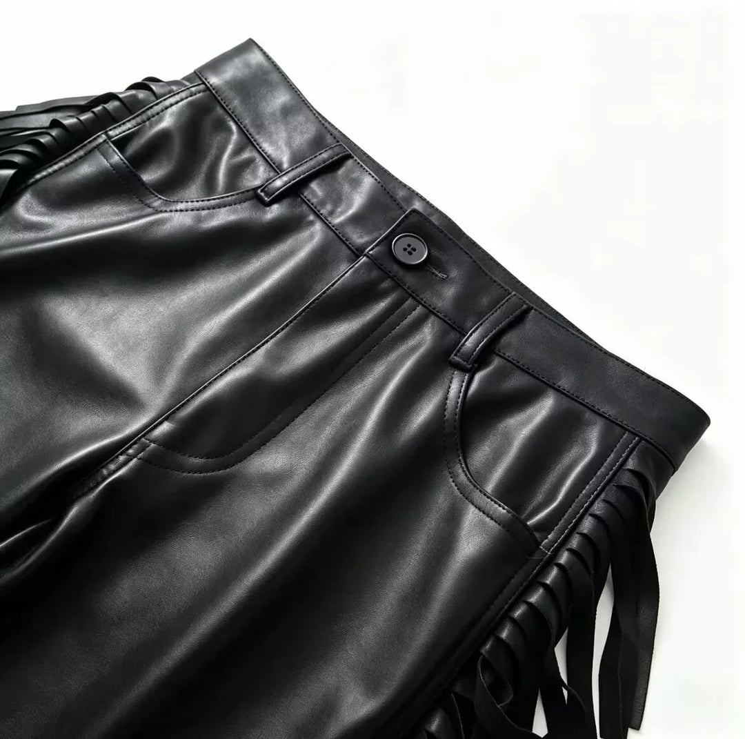 Wijde Kunstleren Broek met Zijfranjes en Hoge Taille voor Dames