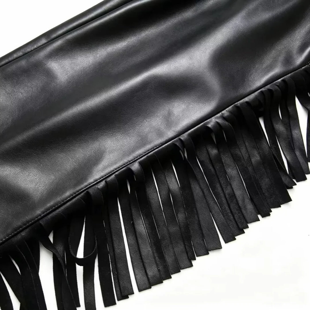 Wijde Kunstleren Broek met Zijfranjes en Hoge Taille voor Dames