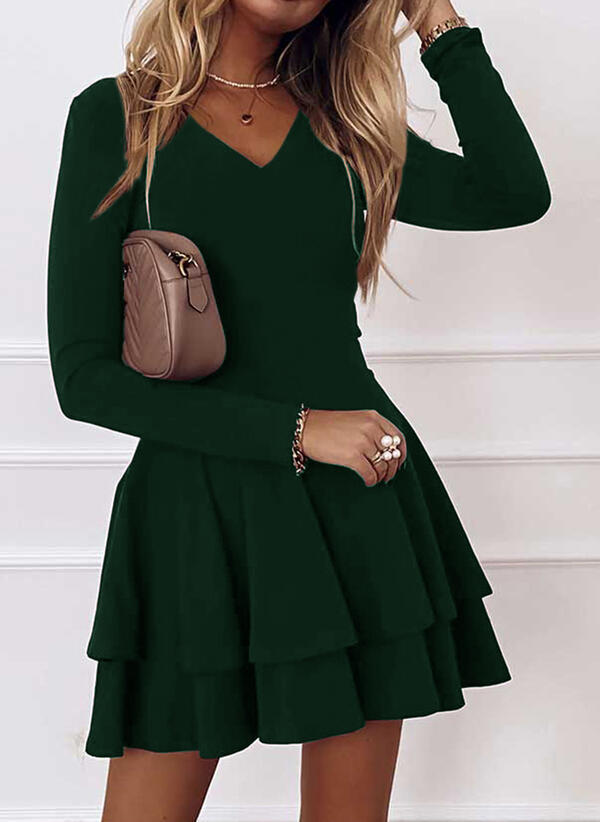 Robe Mini Élégante Coupe A avec Manches Longues et Col en V