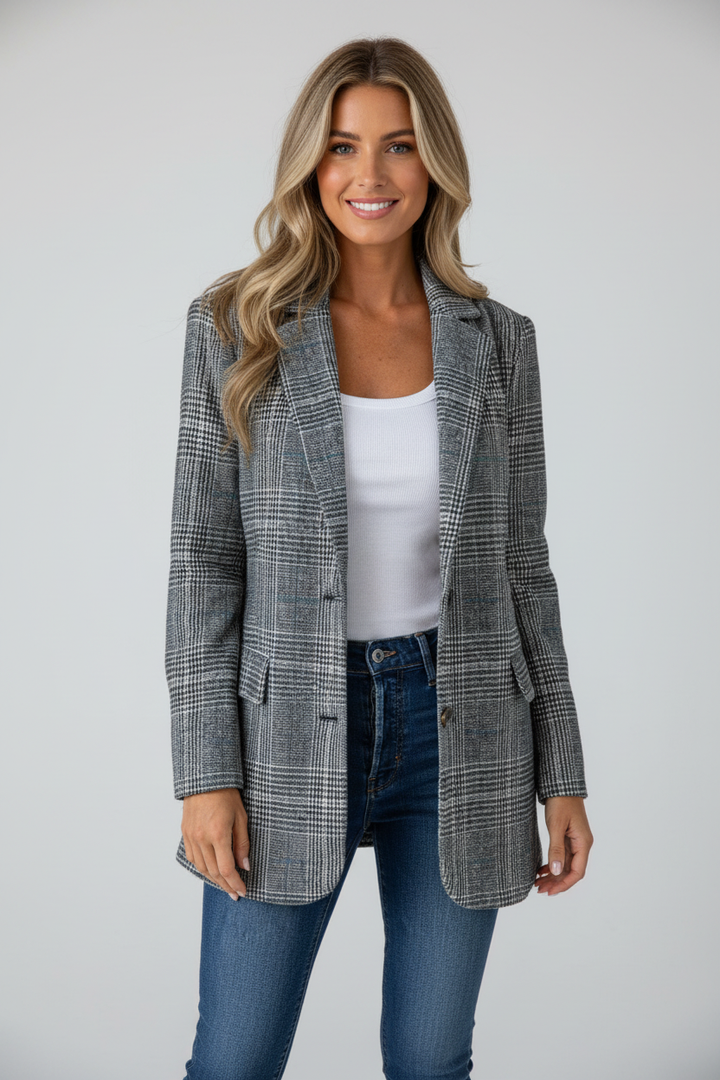 Dames Geruite Blazer – Elegante Getailleerde Pasvorm met Klassieke Revers Licht grijs / S - AIDA LENA