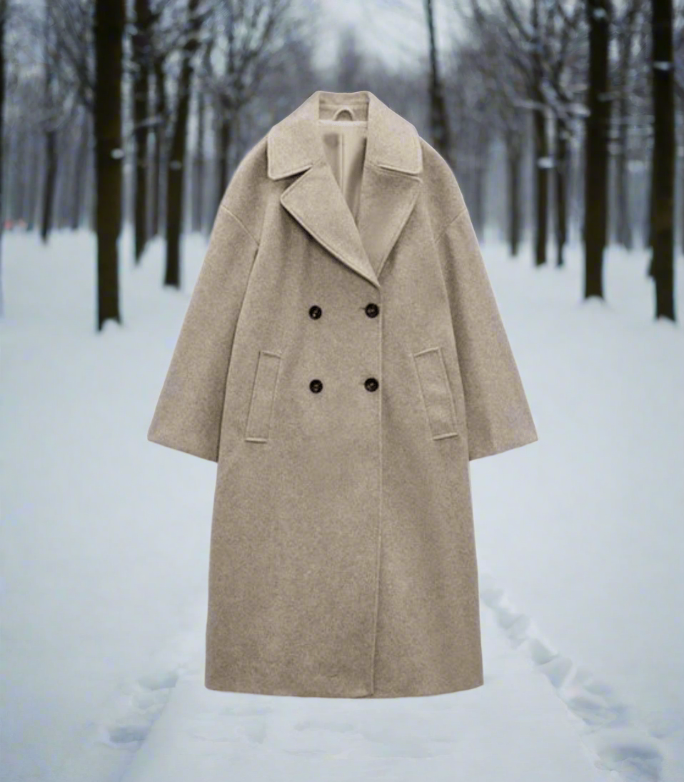 Lange Dames Wolmix Winterjas met Dubbele Knopen