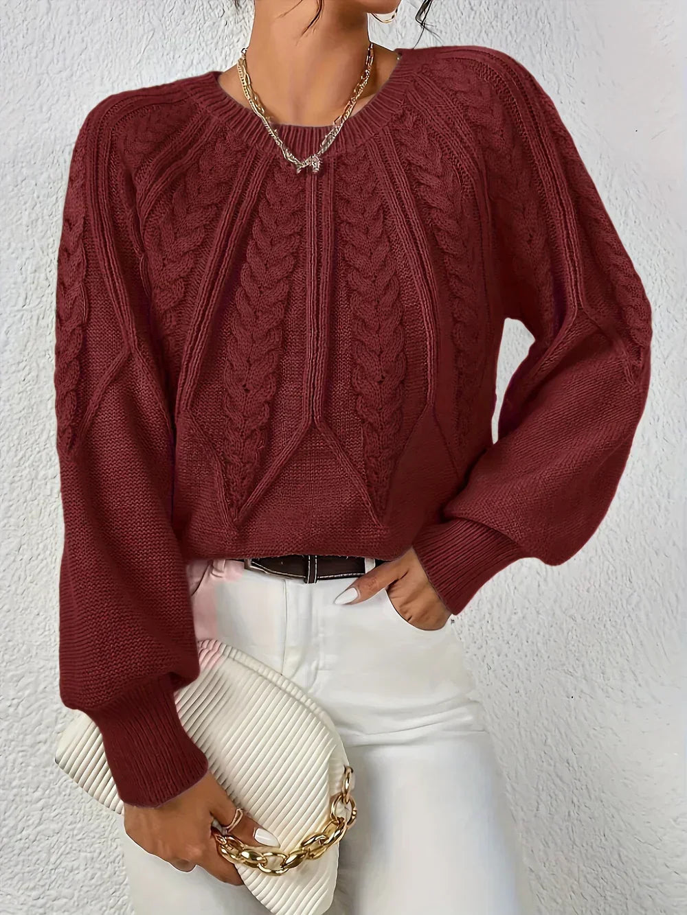 Damski sweter warkoczowy z okrągłym dekoltem luźny krój na co dzień 2