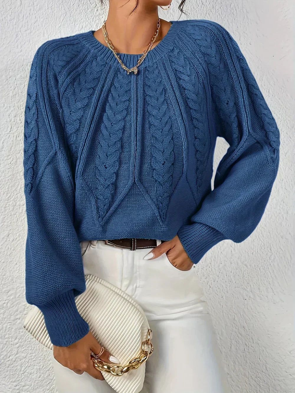 Damski sweter warkoczowy z okrągłym dekoltem luźny krój na co dzień 7