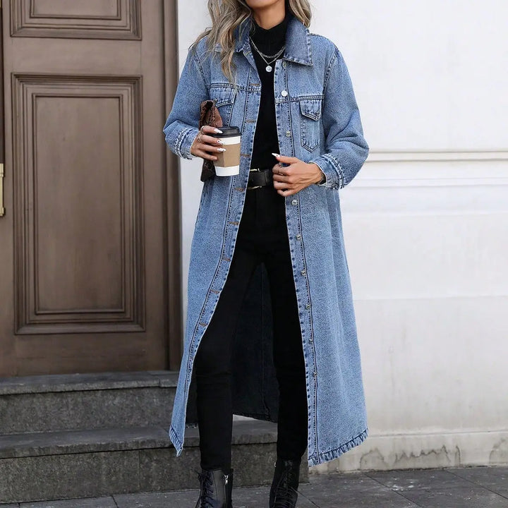 Veste en jean oversize longue pour femme avec fermeture à boutons et poches
