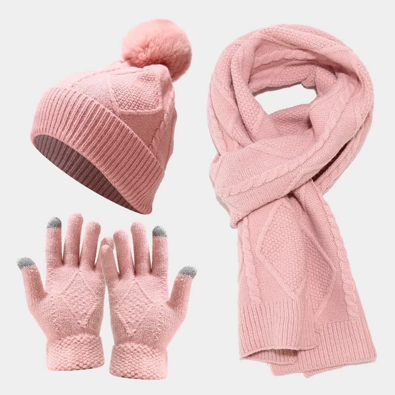Warm Women's Knit Winter Set with Scarf, Hat, and Gloves