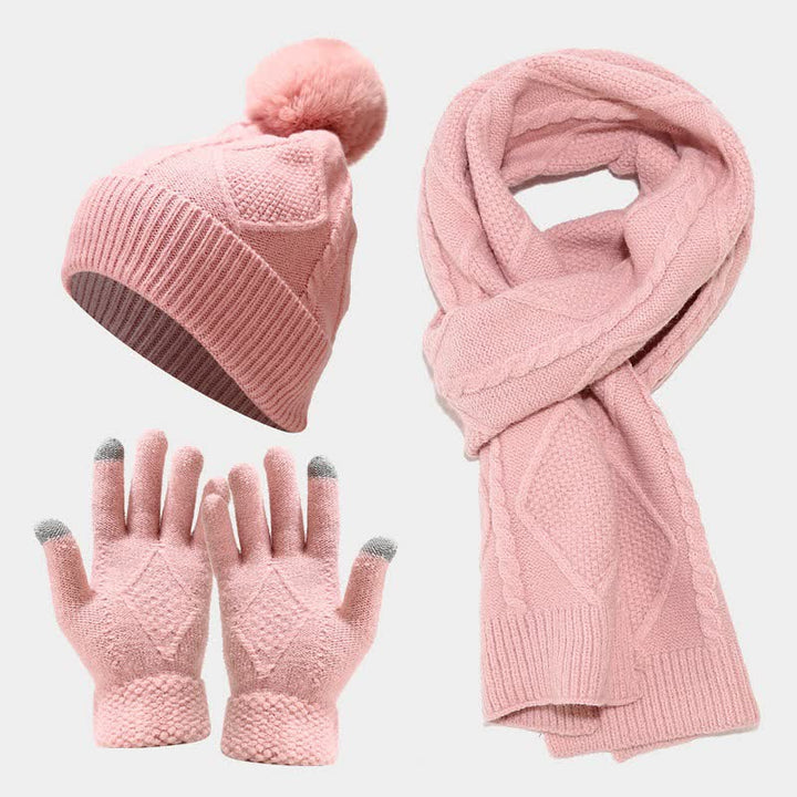 Warm Women's Knit Winter Set with Scarf, Hat, and Gloves