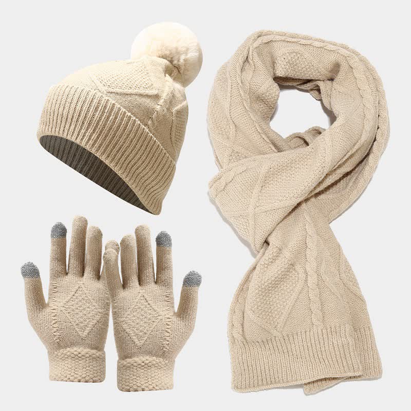 Warm Women's Knit Winter Set with Scarf, Hat, and Gloves