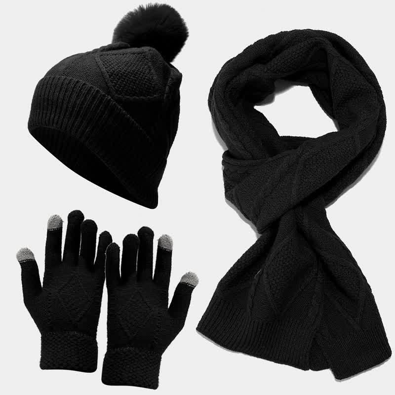 Warm Women's Knit Winter Set with Scarf, Hat, and Gloves
