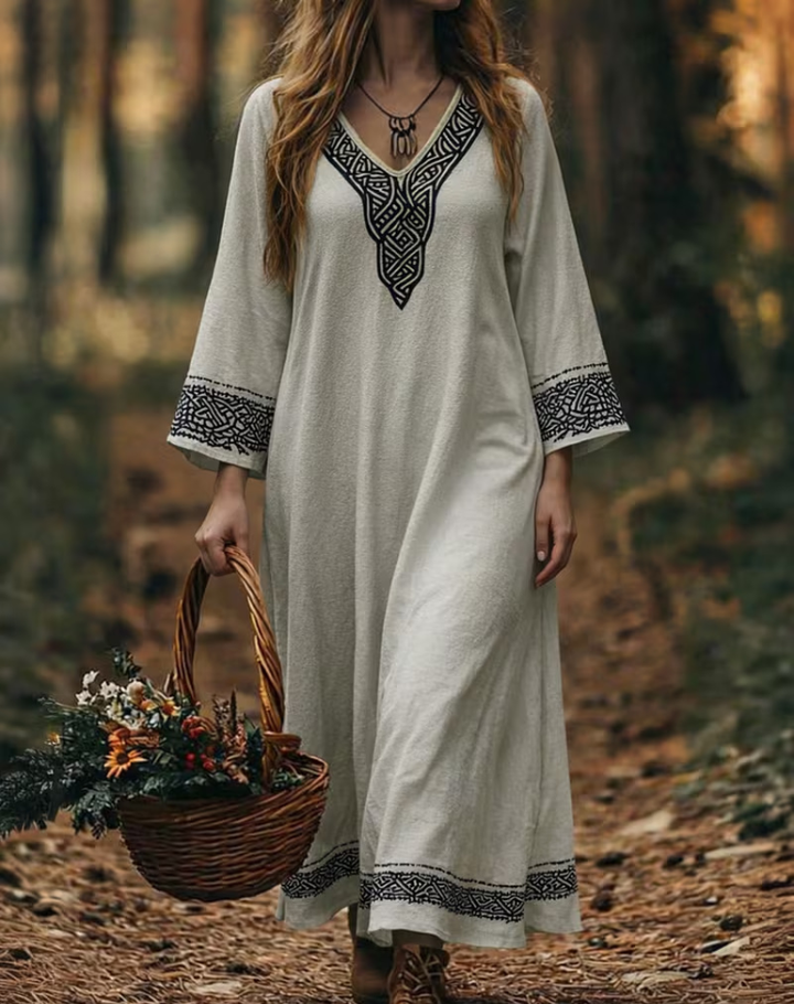 Women's Kaftan Dress with Embroidered V-neck and Long Sleeves