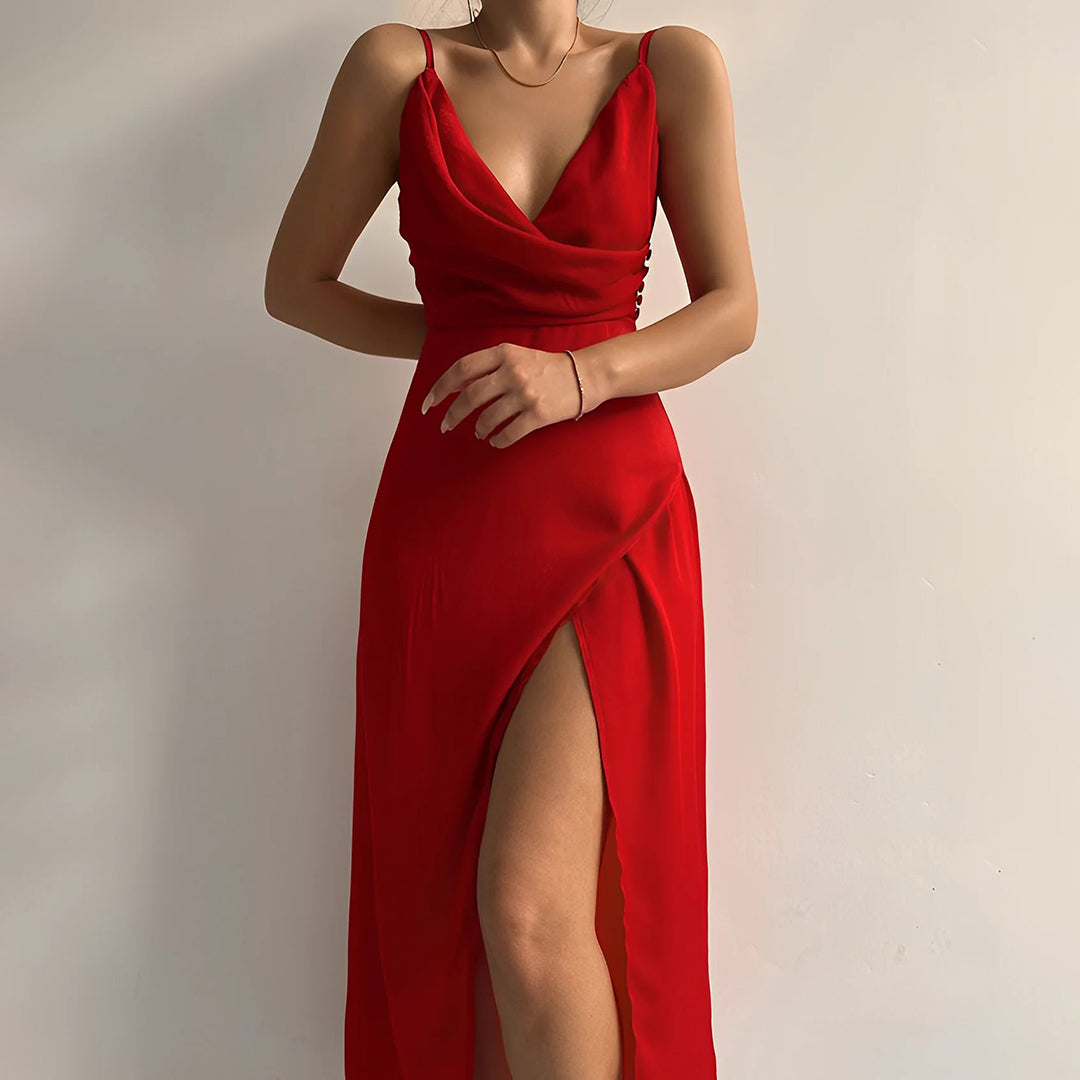 Tonny | Elegante Maxi-jurk met Watervalhals en Hoge Split