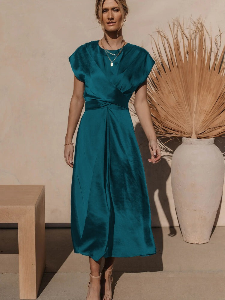Tracy | Elegant Satin Midi Dress with Batwing Sleeve and Waist Accent