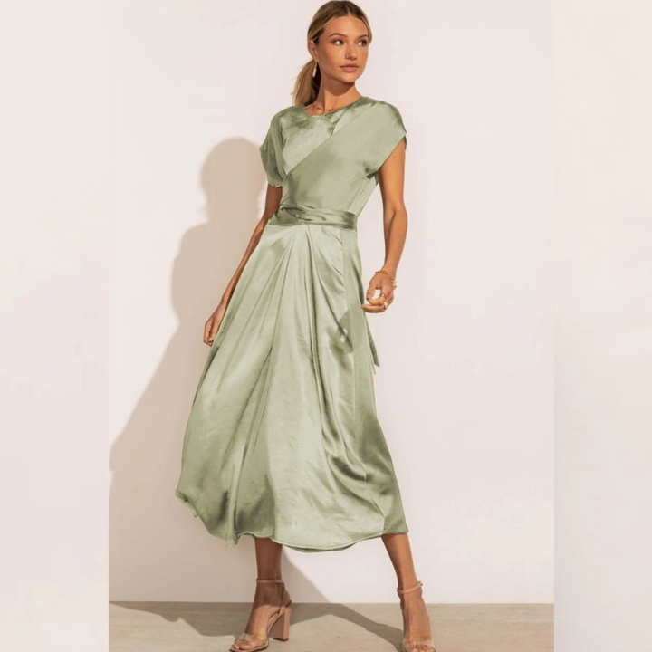 Tracy | Elegant Satin Midi Dress with Batwing Sleeve and Waist Accent