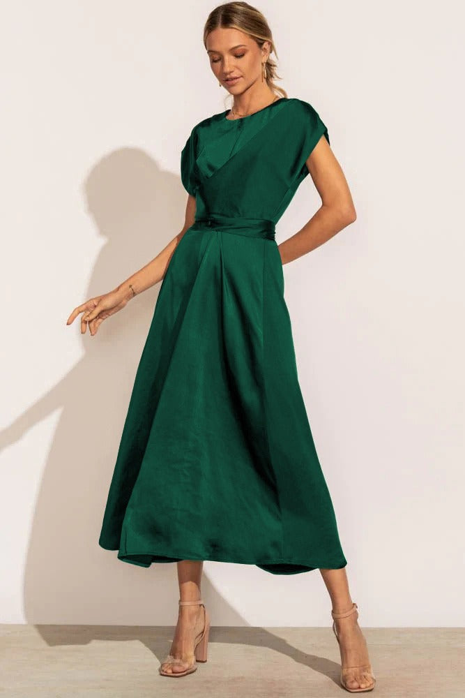 Tracy | Elegant Satin Midi Dress with Batwing Sleeve and Waist Accent