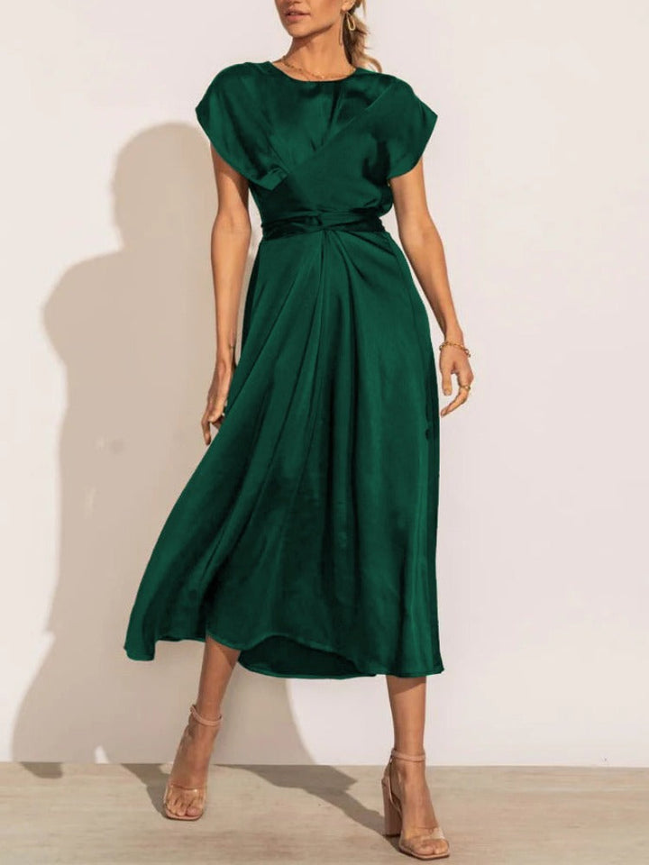 Tracy | Elegant Satin Midi Dress with Batwing Sleeve and Waist Accent