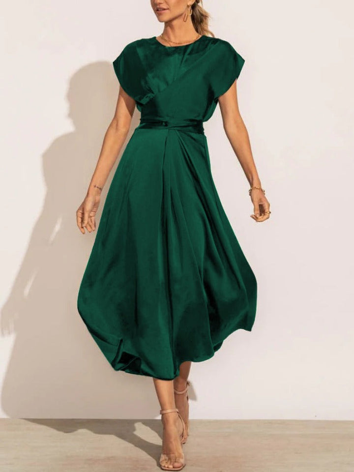 Tracy | Elegant Satin Midi Dress with Batwing Sleeve and Waist Accent