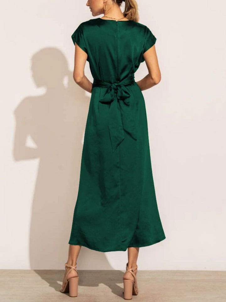 Tracy | Elegant Satin Midi Dress with Batwing Sleeve and Waist Accent