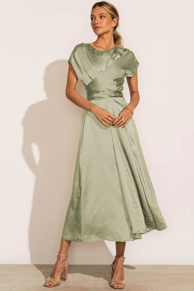 Tracy | Elegant Satin Midi Dress with Batwing Sleeve and Waist Accent
