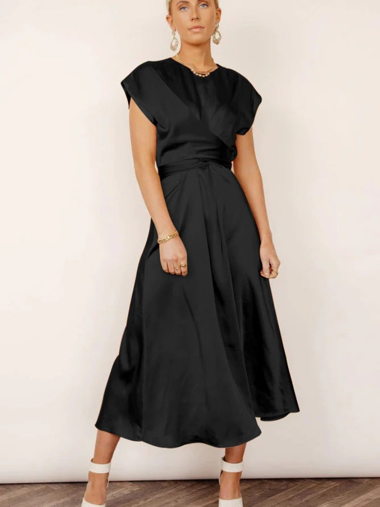 Tracy | Elegant Satin Midi Dress with Batwing Sleeve and Waist Accent