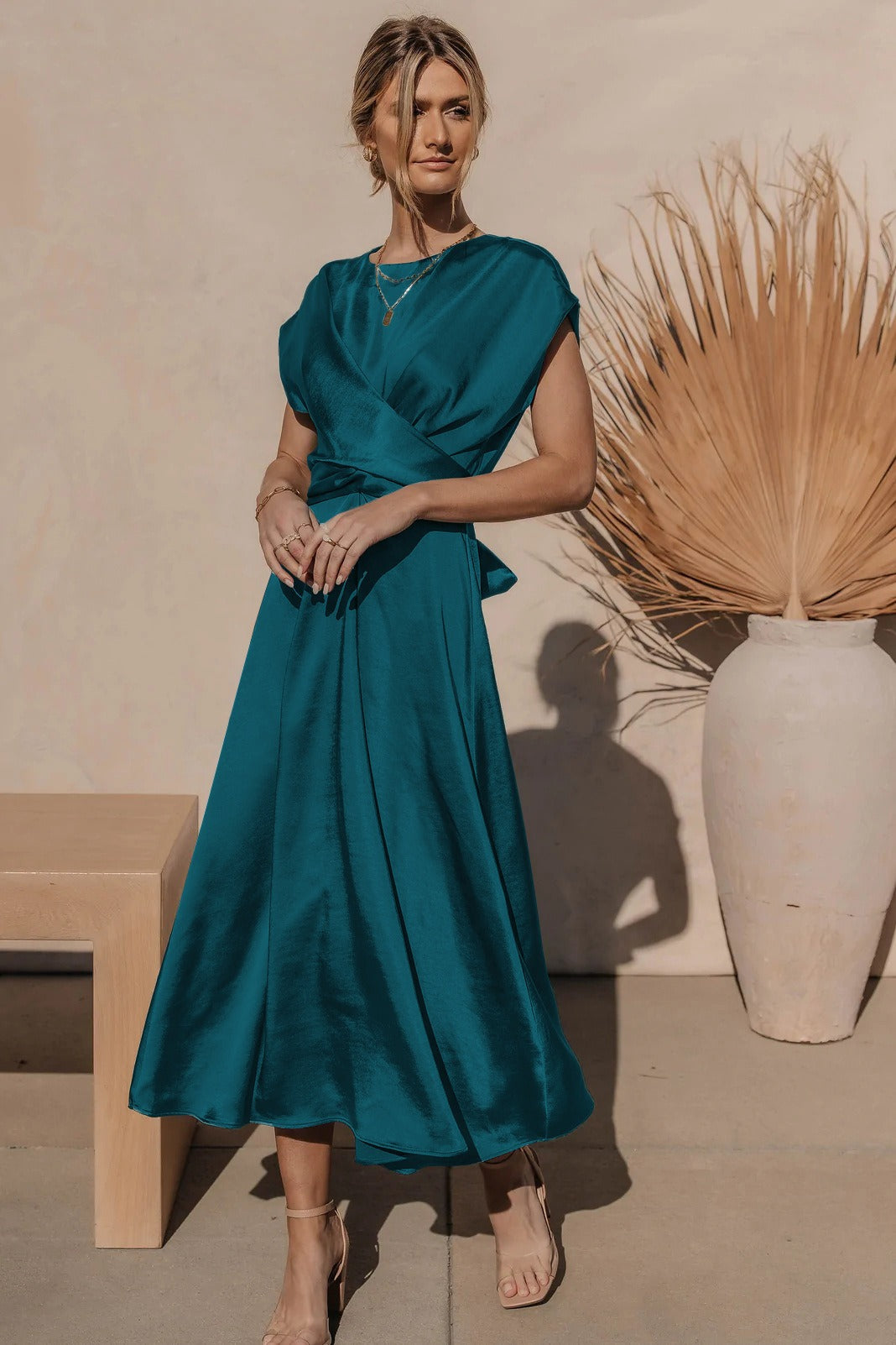 Tracy | Elegant Satin Midi Dress with Batwing Sleeve and Waist Accent
