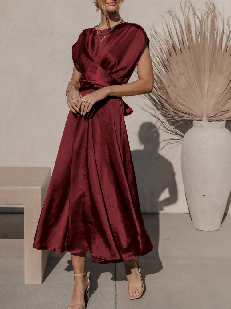 Tracy | Elegant Satin Midi Dress with Batwing Sleeve and Waist Accent