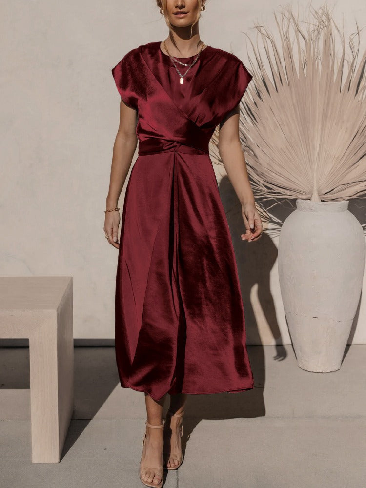 Tracy | Elegant Satin Midi Dress with Batwing Sleeve and Waist Accent