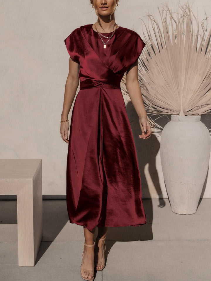 Tracy | Elegant Satin Midi Dress with Batwing Sleeve and Waist Accent