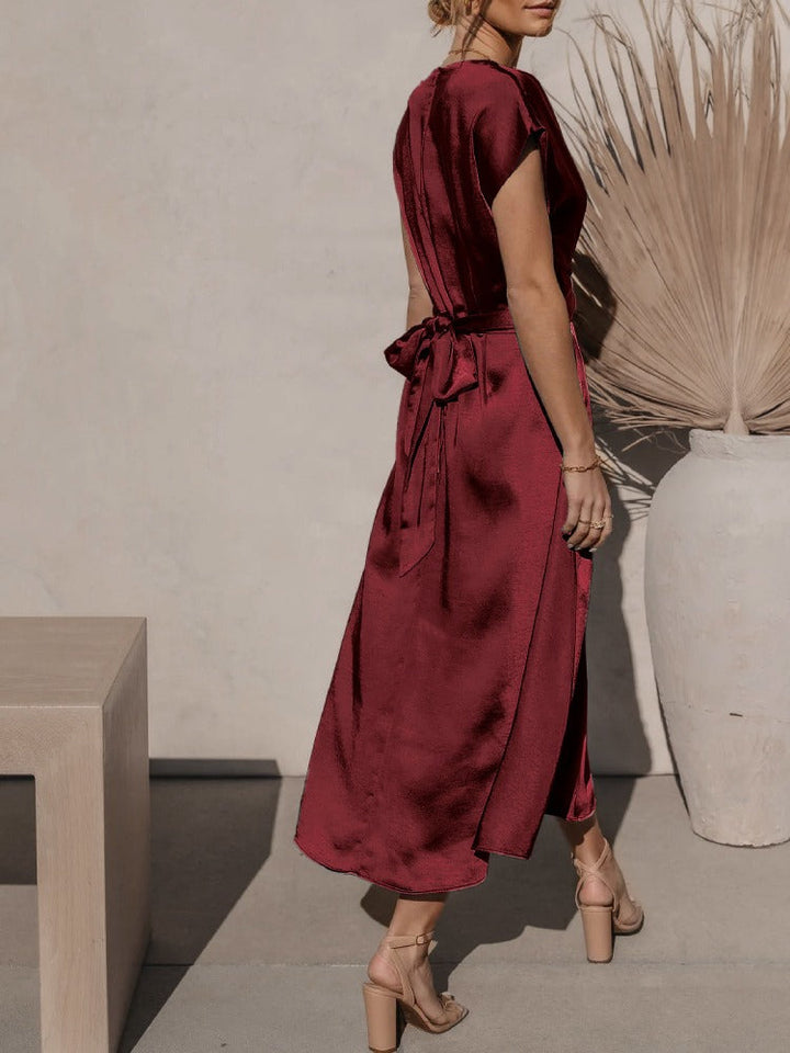 Tracy | Elegant Satin Midi Dress with Batwing Sleeve and Waist Accent