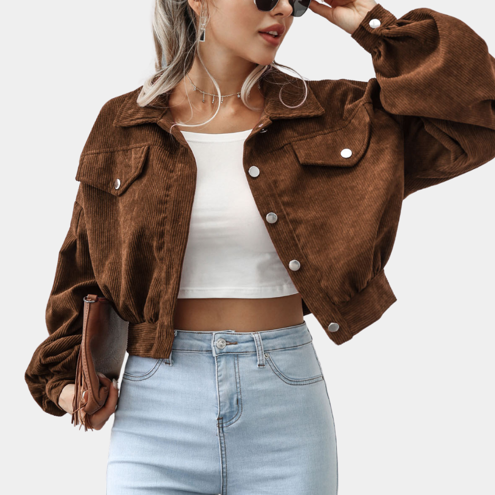 Trendy Dames Ribstof Jas met Korte Pasvorm en Knopen