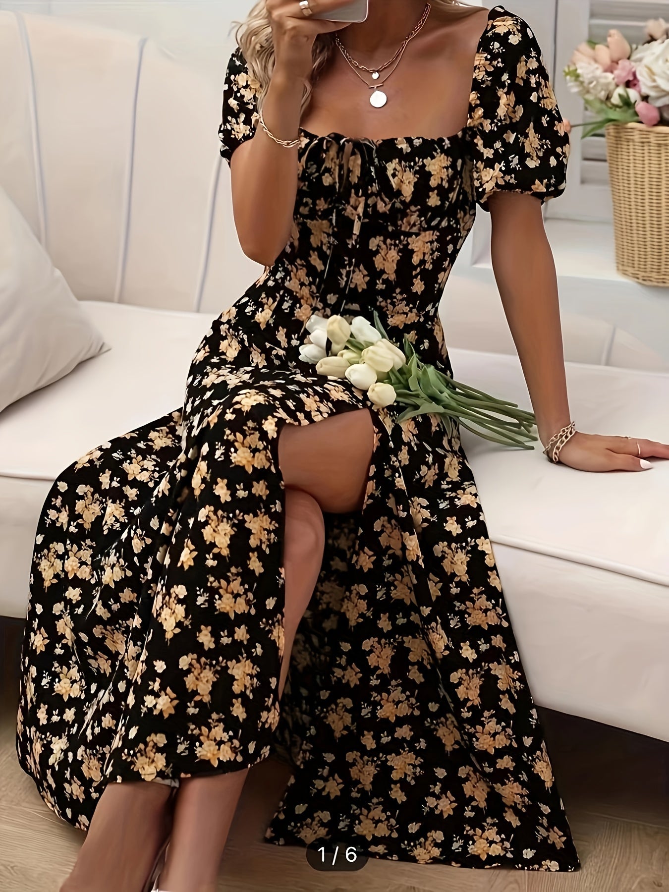 Catya | Zomerse Bloemenjurk met Pofmouwen en Split