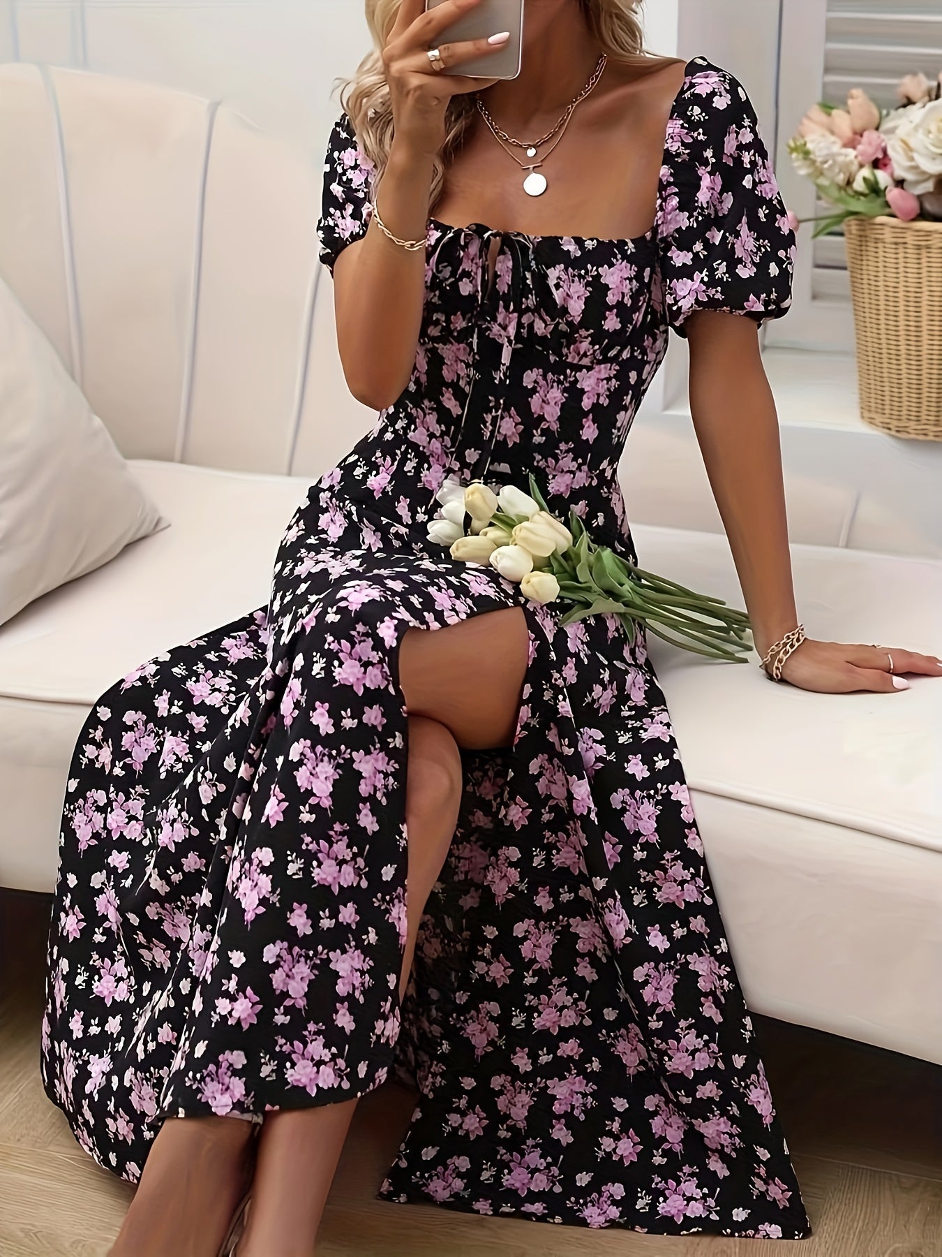 Catya | Zomerse Bloemenjurk met Pofmouwen en Split