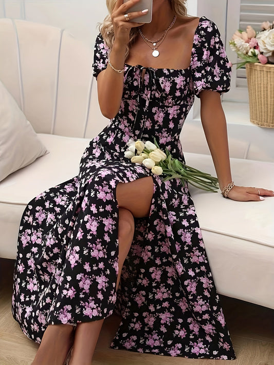 Catya | Zomerse Bloemenjurk met Pofmouwen en Split