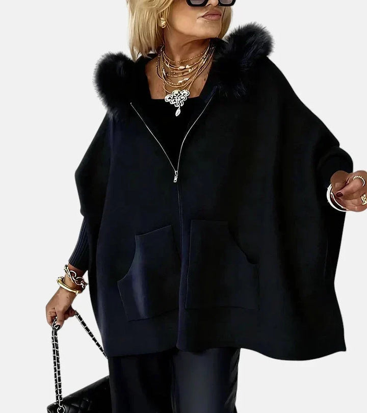 Oversized Gebreide Dames Poncho Jas met Bontkraag en Capuchon