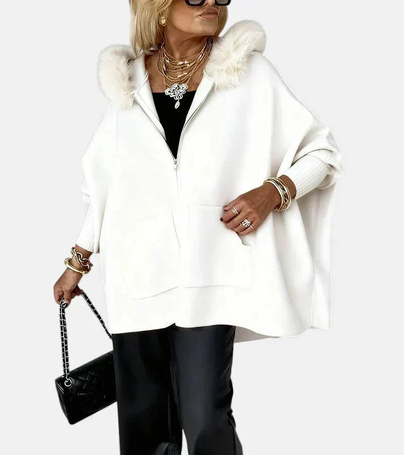 Oversized Gebreide Dames Poncho Jas met Bontkraag en Capuchon