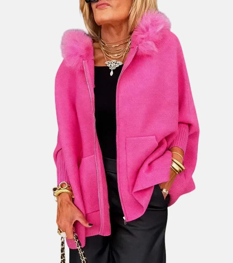 Oversized Gebreide Dames Poncho Jas met Bontkraag en Capuchon