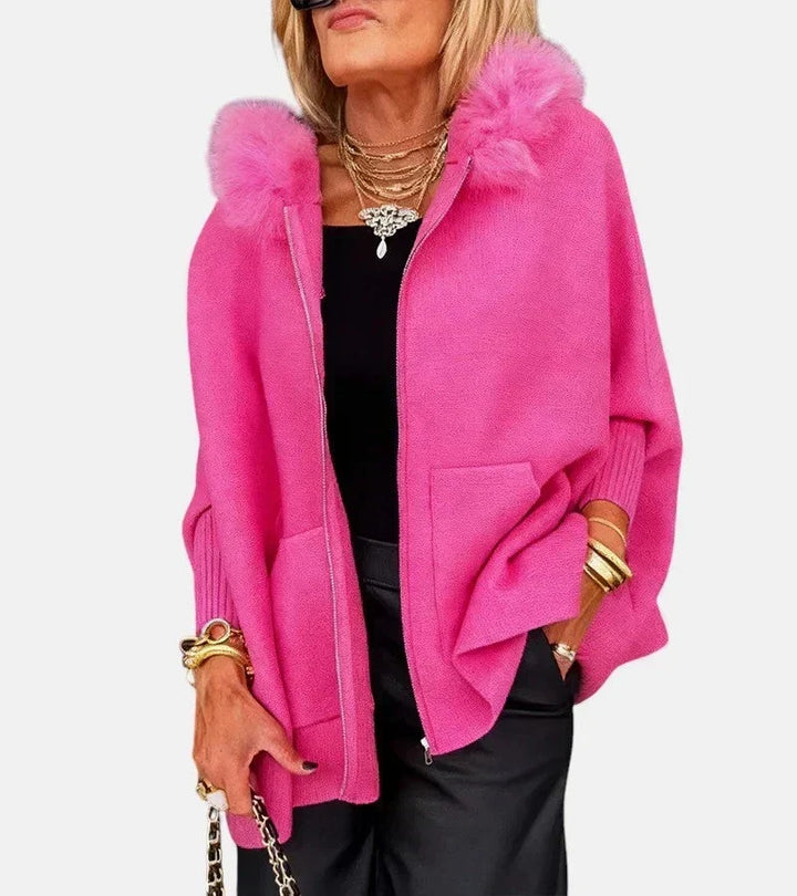 Oversized Gebreide Dames Poncho Jas met Bontkraag en Capuchon
