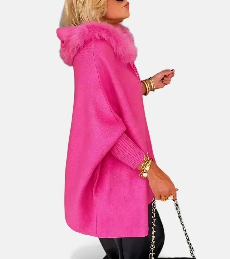 Oversized Gebreide Dames Poncho Jas met Bontkraag en Capuchon