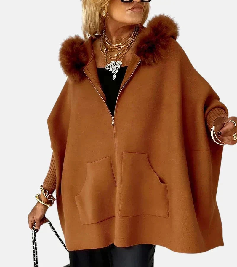 Oversized Gebreide Dames Poncho Jas met Bontkraag en Capuchon