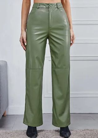 Modne eleganckie damskie spodnie skórzane z wysokim stanem